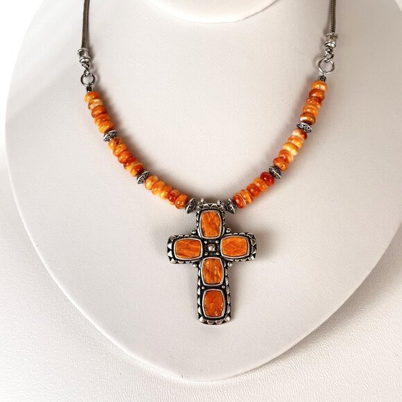 Western Necklace, Sterling Cross Necklace, Spiny Oyster Necklace - Picture 2 of 9